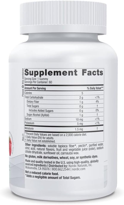Nordic Naturals Melatonin Gummies, Sugar Free, 1.5mg Raspberry - 60 Count | Zero sugar melatonin gummies w/ 1.5 mg per serving for restful sleep and antioxidant support. Raspberry flavor, vegan formula