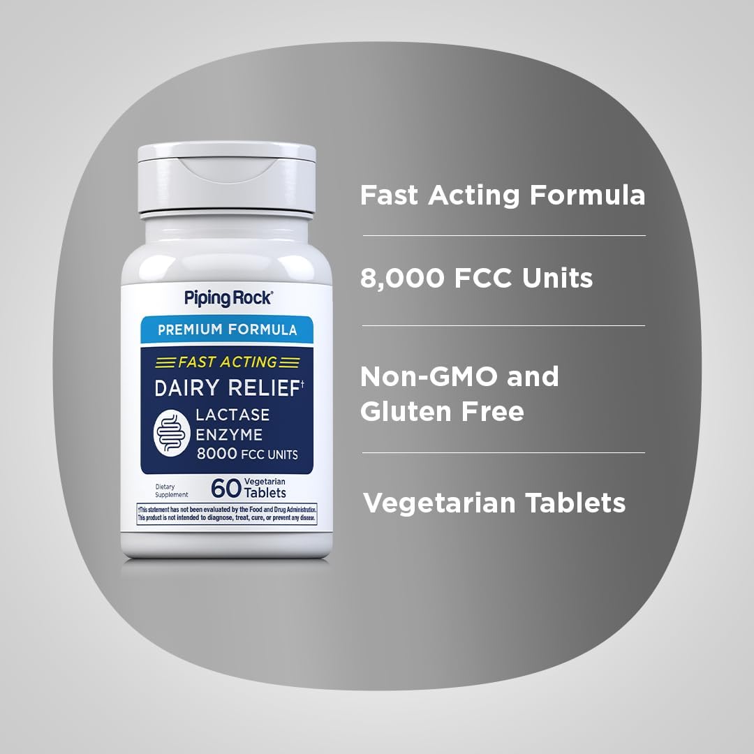 Piping Rock Fast Acting Lactase Enzyme | 8000 FCC | 60 Tablets | Dairy Relief Supplement | For Men and Women | Premium Formula | Vegetarian, Non-GMO, Gluten Free