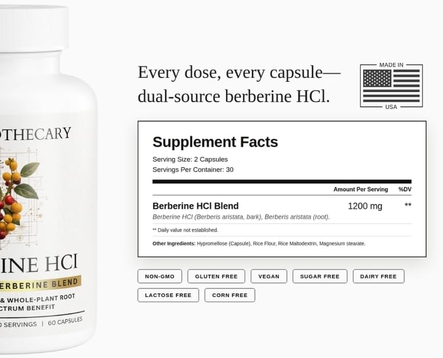 Berberine HCl 1200mg Supplement - Dual Source Bark & Root Extract - Berberis Aristata - USA Grown Botanical Extract - Vegan Non-GMO Gluten-Free Capsules - 60 Count