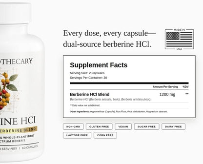 Berberine HCl 1200mg Supplement - Dual Source Bark & Root Extract - Berberis Aristata - USA Grown Botanical Extract - Vegan Non-GMO Gluten-Free Capsules - 60 Count