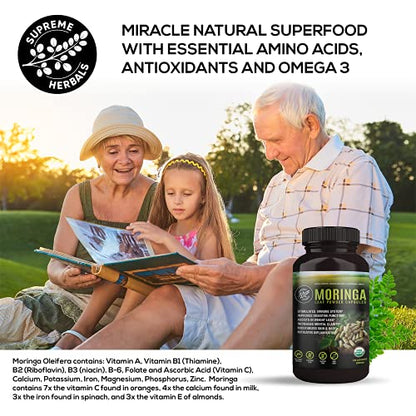 Supreme Herbals, 100% Raw and Pure Moringa Leaf Powder Capsules. Organic Certified