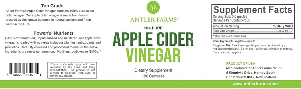 Antler Farms Apple Cider Vinegar with Mother, 180 Capsules, 500mg | 100% Pure Apple Cider Vinegar Pills, A Powerful Ally for Gut and Heart Health, Vegan, Gluten-Free & Non-GMO