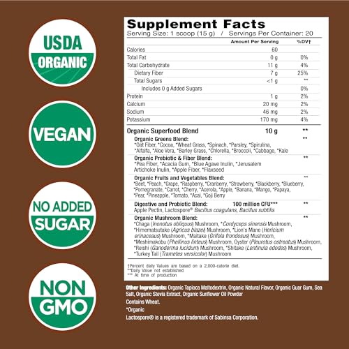 COUNTRY FARMS Super Greens Chocolate Flavor, 50 Organic Super Foods, USDA