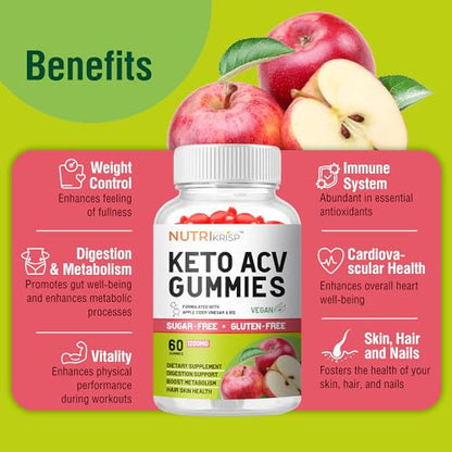 NutriKrisp Organic Keto ACV Gummy for Weight Loss - Sugar & Gluten Free Apple Cider