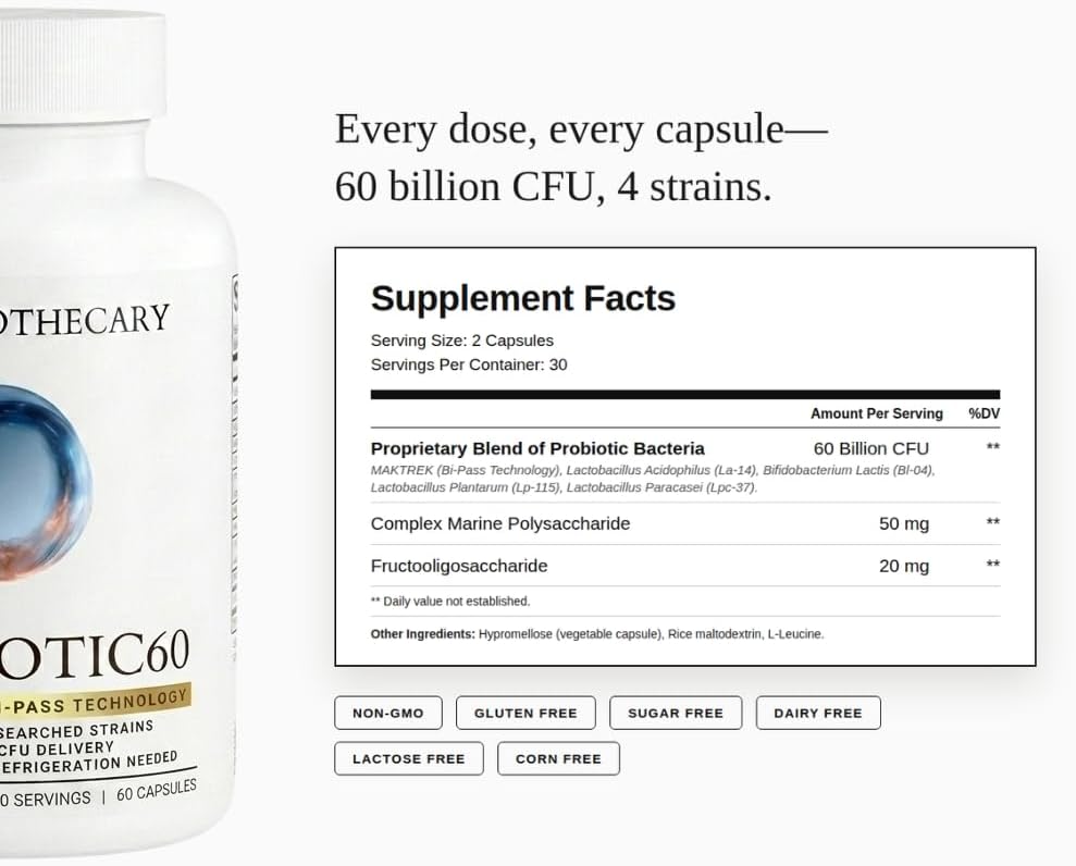 Probiotic 60 Billion CFU 4 Strains with MAKTREK Bi-Pass Technology, Lactobacillus Acidophilus, Prebiotic Fiber, Digestive & Gut Health Support, 60 Capsules