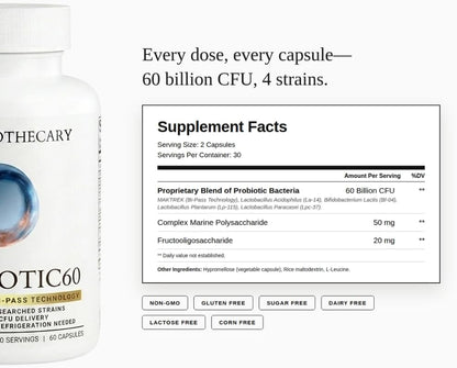 Probiotic 60 Billion CFU 4 Strains with MAKTREK Bi-Pass Technology, Lactobacillus Acidophilus, Prebiotic Fiber, Digestive & Gut Health Support, 60 Capsules