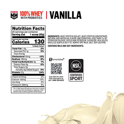 Muscle Milk 100% Whey With Probiotics Protein Powder, Vanilla, 1.85 Pound, 23 Servings