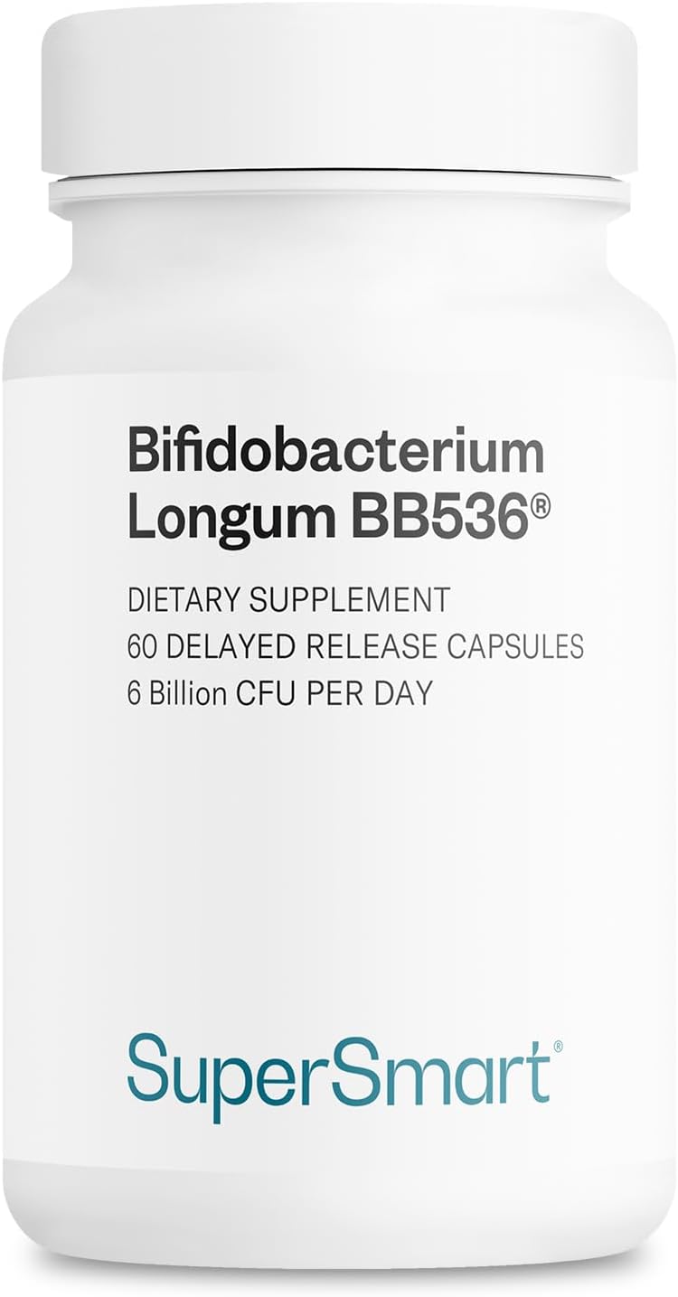 Supersmart Bifidobacterium Longum (BB536) 6 Billion CFU per Day - Probiotics & Prebiotics Supplement | Non-GMO & Gluten Free - 60 DR Capsules | Improves Bowel Disorders - Strengthens the Immune System - Reduces Pollen Allergy Symptoms