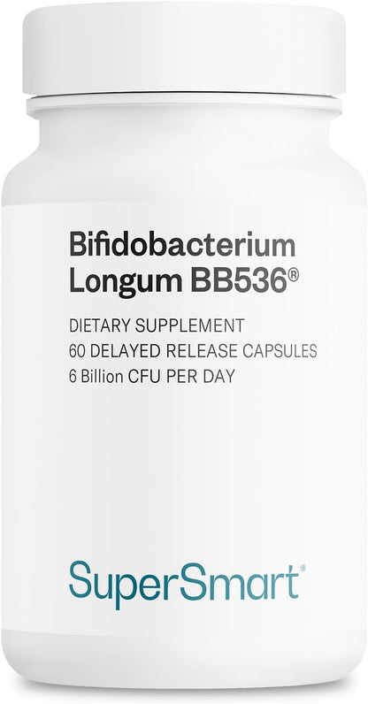 Supersmart Bifidobacterium Longum (BB536) 6 Billion CFU per Day - Probiotics & Prebiotics Supplement | Non-GMO & Gluten Free - 60 DR Capsules | Improves Bowel Disorders - Strengthens the Immune System - Reduces Pollen Allergy Symptoms