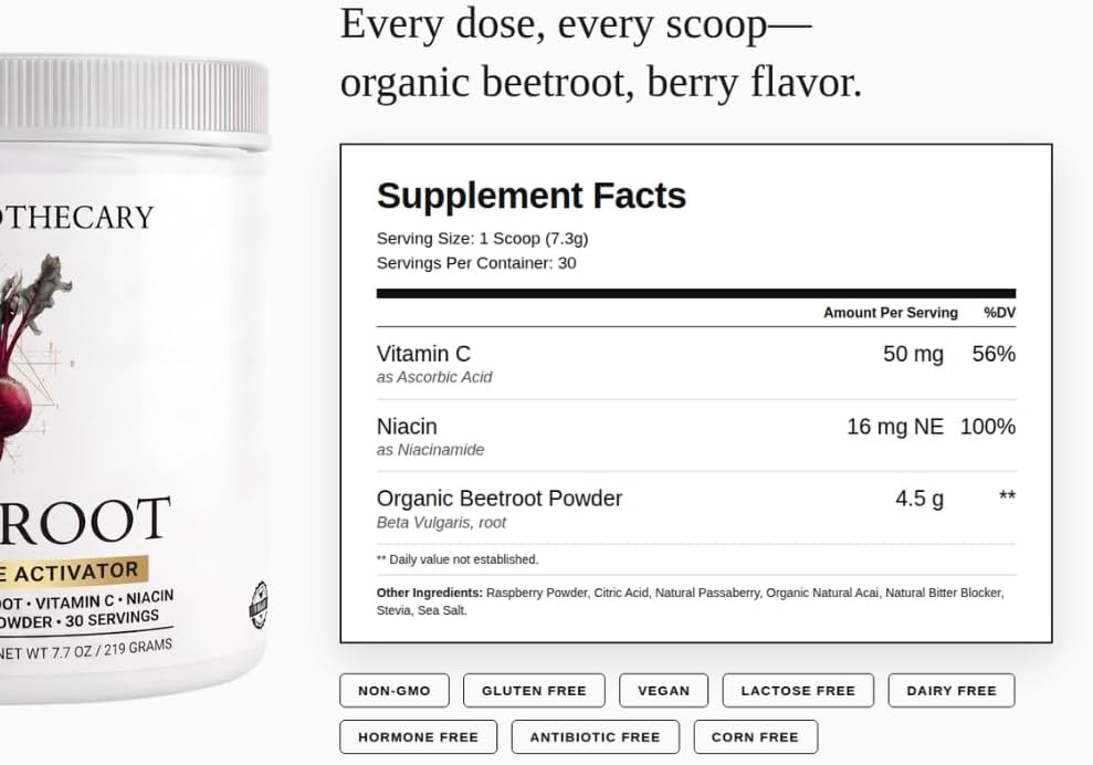 Organic Beet Root Powder 4.5g, Organic Beetroot with Vitamin C & Niacin, Berry Flavored, Non-GMO, Gluten Free, 30 Servings