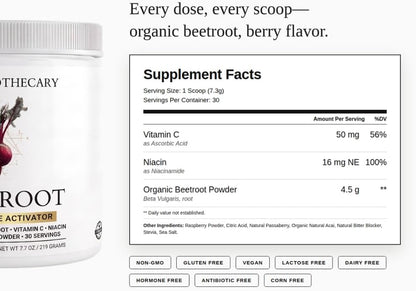 Organic Beet Root Powder 4.5g, Organic Beetroot with Vitamin C & Niacin, Berry Flavored, Non-GMO, Gluten Free, 30 Servings