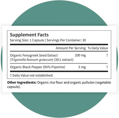 Pattern Wellness Organic Fenugreek Capsules – 30:1 Fenugreek Seed Extract with Black Pepper – Metabolic & Digestive Support Supplement – Vegan, Non-GMO – 30 Capsules
