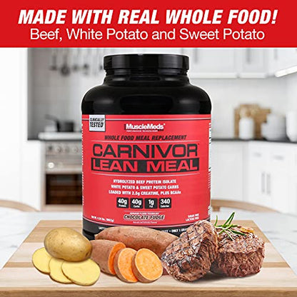 MuscleMeds CARNIVOR LEAN MEAL whole food meal replacement shake, MRE, beef protein isolate, white potato, sweet potato, 40g protein, 40 g carbs, lactose free, sugar free, Chocolate Fudge 20 servings