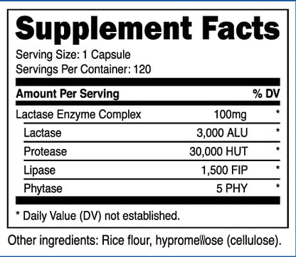 Nutricost Lactase Enzyme Complex 3,000 FCC ALU, 120 Veggie Capsules - Non-GMO