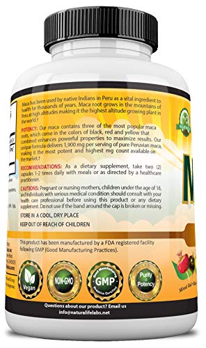 Organic Maca Root Black, Red, Yellow 1900 MG per Serving - 150 Vegan Capsules