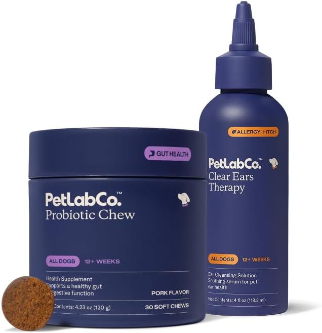 PetLab Co. - Dog Ear Yeast Bundle: Soft Chew Dog Probiotics for Gut Health, Yeast Production, Itchy Ears, Itchy Skin, Seasonal Allergies & Clear Ears Therapy Ear Cleaner for Dogs