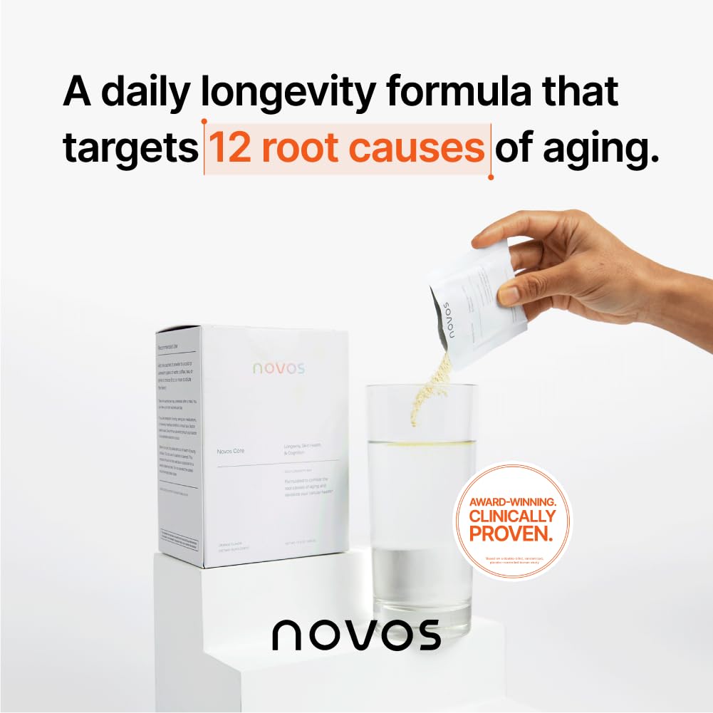 Novos Core - Clinically Studied Daily Longevity Supplement | 12 Active Ingredients for Healthy Aging, Energy, Cognition & Skin Health | Human Clinical Trial Backed | Orange Flavored | 30 Servings