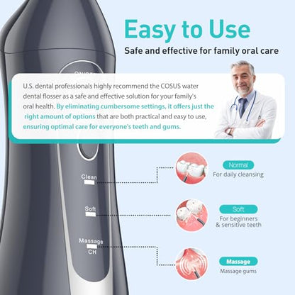 Water Dental Teeth Flosser Pick: 300ML Rechargeable Travel Irrigation Cleaner IPX7 Waterproof Portable Cordless Teeth Cleaning Green and Grey