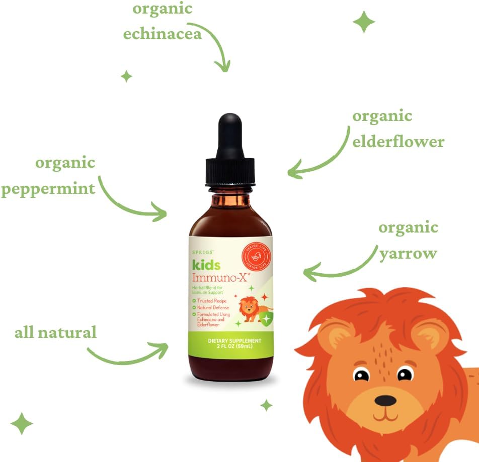 SPRIGS Kids Immuno-X, 2 Fl Oz | Children's Immune Support for Year-Round Health | A Tasty Natural Tincture of Organic Herbs Echinacea & Elder for Respiratory Function & a Healthy Inflammatory Response