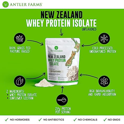 Antler Farms - 100% Grass Fed New Zealand Whey Protein Isolate, Unflavored, 30 Servings