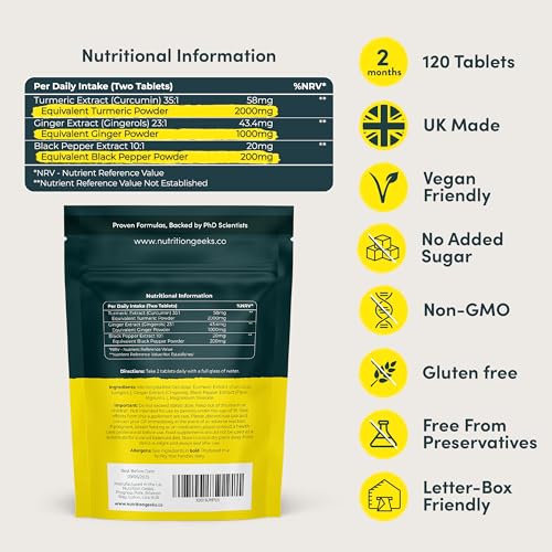 Nutrition Geeks Turmeric Tablets 2000 mg with Black Pepper & Ginger, High Strength