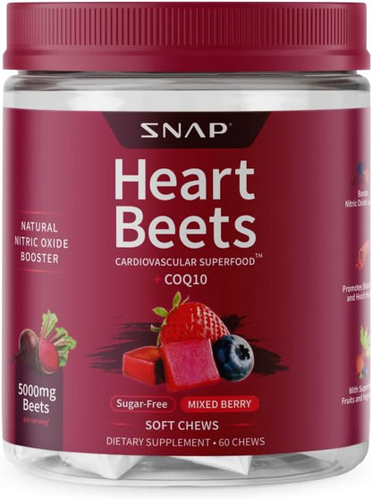 Snap Supplements Beet Root Soft Chews, Mixed Berry, 60 Sugar-Free Chews | For Adults 35+ and Heart Health Shoppers - Beetroot Extract with CoQ10, Vegan Formula, Daily Heart Support Chews