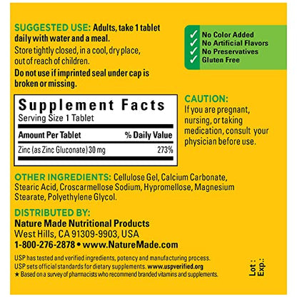 Nature Made Zinc 30 mg, Dietary Supplement for Immune Health and Antioxidant Support