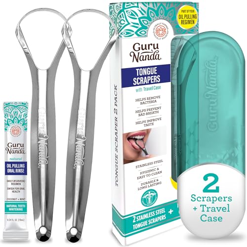 GuruNanda Tongue Scraper for Adults (2 Pack) with Travel Case, 420 Medical-grade 100% 