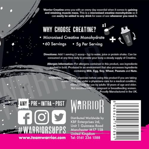 Warrior Creatine Monohydrate Powder – 300g – Micronised for Easy Mixing and Consumpti