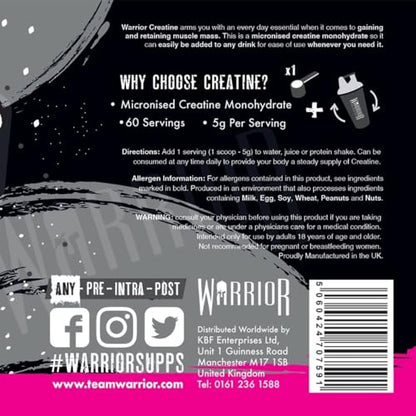 Warrior Creatine Monohydrate Powder – 300g – Micronised for Easy Mixing and Consumpti