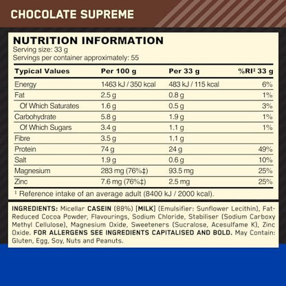 Optimum Nutrition Gold Standard 100% Casein Slow Digesting Protein Powder with Zinc