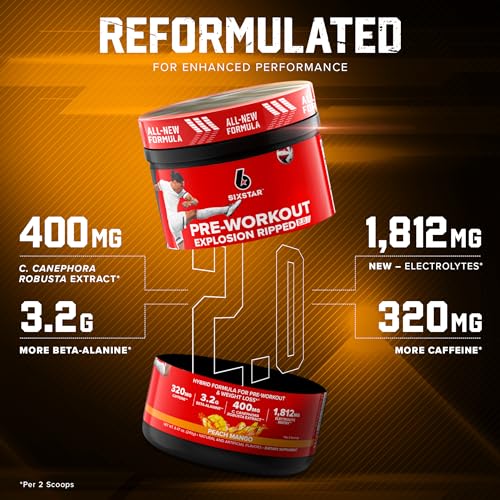 Six Star Pre-Workout Explosion Ripped 2.0 Peach Mango - Endurance Powder with Caffeine