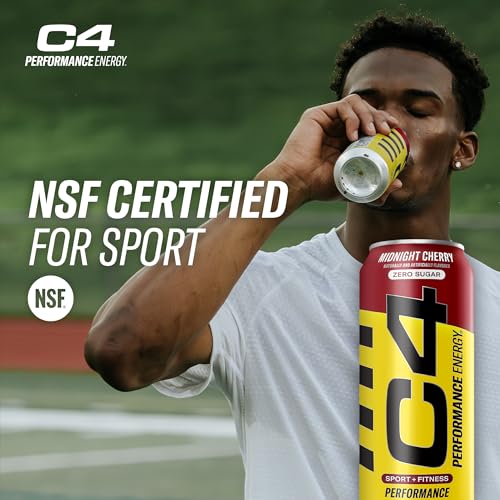 C4 Energy Carbonated Zero Sugar Energy Drink, Pre Workout Drink + Beta Alanine, Midnight Cherry, 16 Fl Oz (Pack of 24)