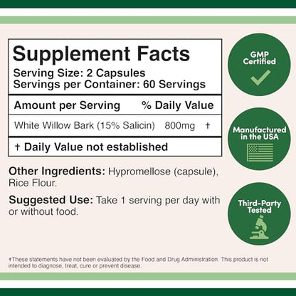 White Willow Bark Capsules 800mg per Serving, 120 Count (Willow Bark Extract Std.