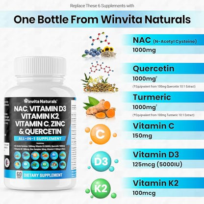 NAC Supplement N-Acetyl Cysteine 1000mg Vitamin C Vitamin D3 K2, Zinc, Turmeric Curcumin