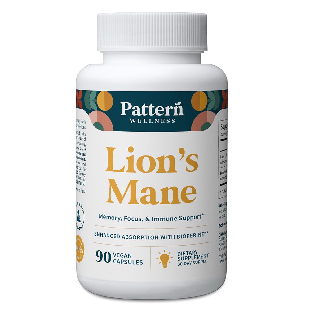 Pattern Wellness Lion’s Mane Mushroom Supplement – 90 Vegan Capsules | Supplement Capsules for Cognitive & Focus Support – Enhanced Absorption