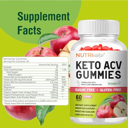 NutriKrisp Organic Keto ACV Gummy for Weight Loss - Sugar & Gluten Free Apple Cider