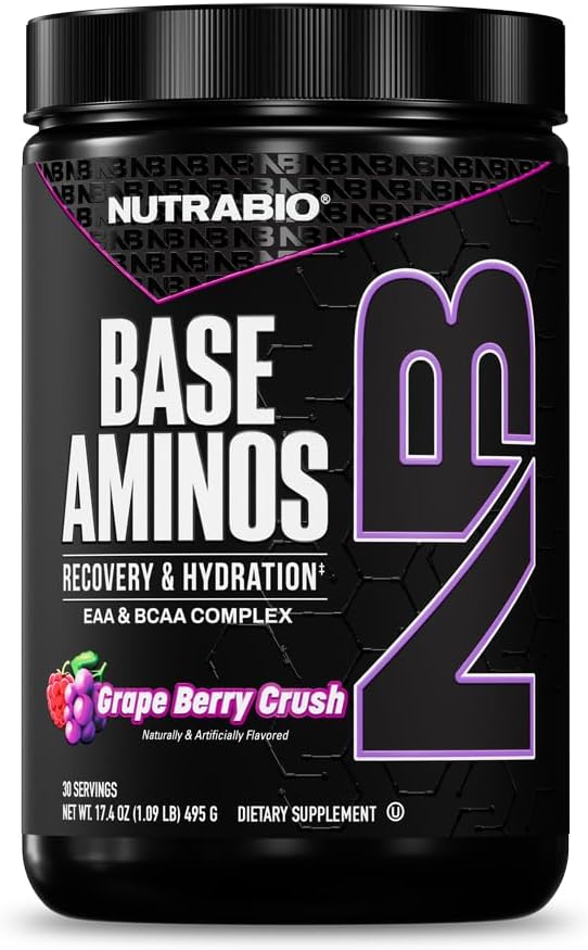 NutraBio Base Aminos EAA + BCAA Powder –10g Essential Amino Acids Supplement, 6g 2:1:1 BCAAs, 2.8g Hydration Matrix with Electrolytes & Absorption Enhancer AstraGin® – Grape Berry Crush