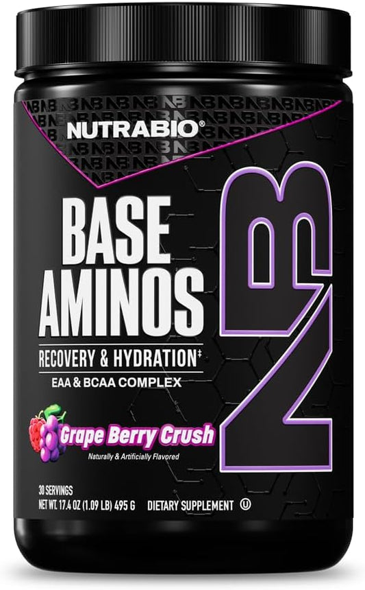 NutraBio Base Aminos EAA + BCAA Powder –10g Essential Amino Acids Supplement, 6g 2:1:1 BCAAs, 2.8g Hydration Matrix with Electrolytes & Absorption Enhancer AstraGin® – Grape Berry Crush