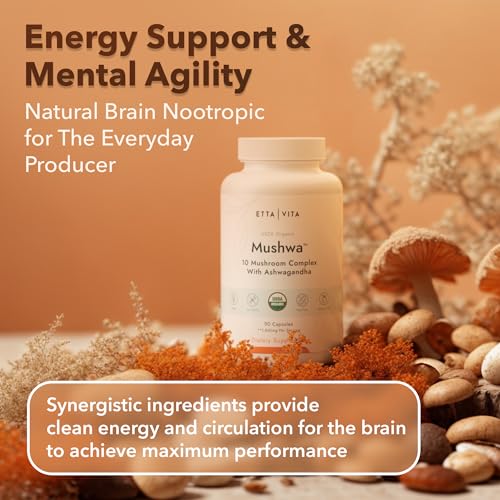 USDA Organic Lions Mane Supplement Capsules with Ashwagandha, Chaga, Reishi, Cordyceps