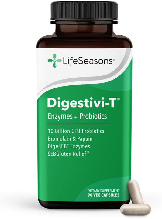 LifeSeasons Digestivi-T - Digestive Enzymes & 10 Billion CFU Probiotic Supplement - Supports Gut & Immune Health - Bloating & Digestion Relief for Women & Men - 90 Capsules
