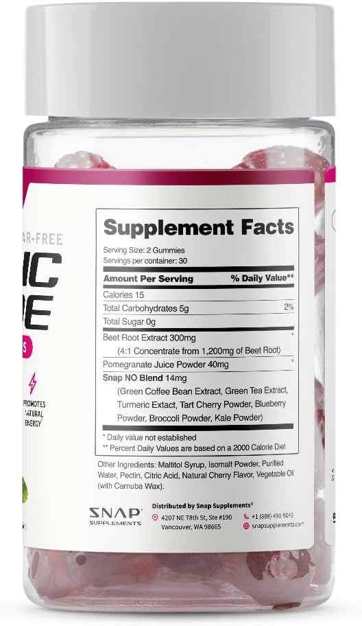 Snap Supplements Nitric Oxide Beet Root Gummies, Cherry, 60 Count (2-Pack) | Sugar Free, For Men & Women, Heart Health & Circulation, Organic Beetroot Extract, Natural Energy, B12, Beets Gummies