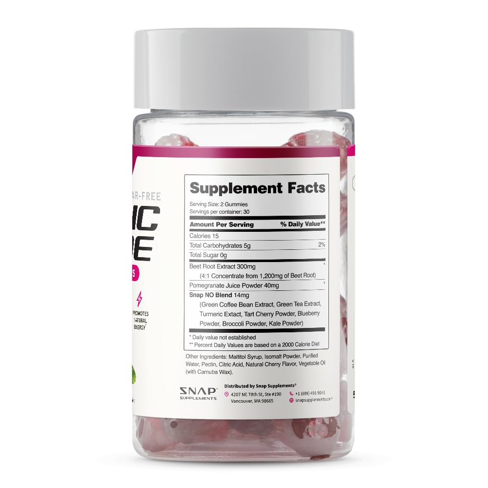 Snap Supplements Nitric Oxide Beet Root Gummies, Cherry, 60 Count (2-Pack) | Sugar Free, For Men & Women, Heart Health & Circulation, Organic Beetroot Extract, Natural Energy, B12, Beets Gummies