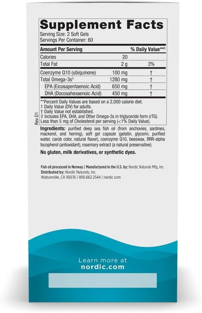 Nordic Naturals Ultimate Omega + CoQ10, Lemon Flavor - 120 Count | 1280mg Omega-3 + 100mg CoQ10 for heart health & cellular energy. Antioxidant. Non-GMO soft gels. 60 servings.