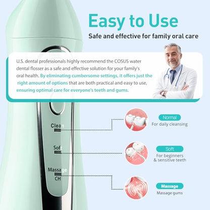 Water Dental Teeth Flosser Pick: 300ML Rechargeable Travel Irrigation Cleaner IPX7 Waterproof Portable Cordless Teeth Cleaning Pink and Green