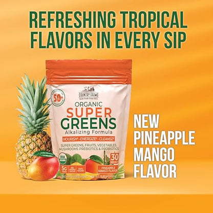 COUNTRY FARMS Super Greens Pineapple-Mango Flavor, 50 Organic Super Foods, USDA