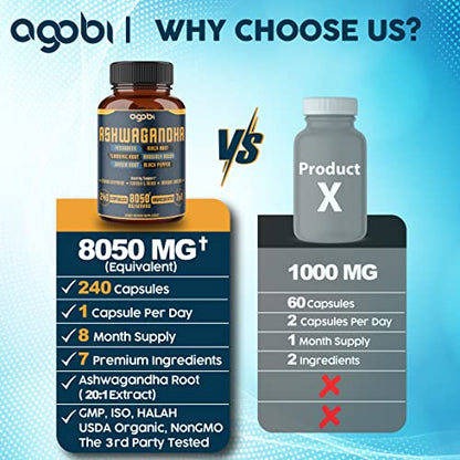 240 Capsules - 8 Month Supply - 7in1 Ashwagandha 8050mg - Combined With Fenugreek