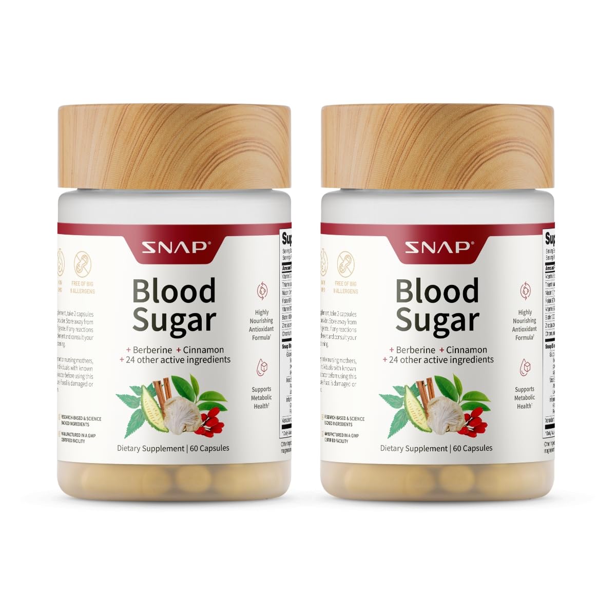 Snap Supplements Blood Sugar Blend with Berberine, CoQ10, 60 Vegan Capsules | Support Already Healthy Blood Sugar, Metabolic Health and Energy, Sugar Free, with CoQ10, Cinnamon (Packaging May Vary)
