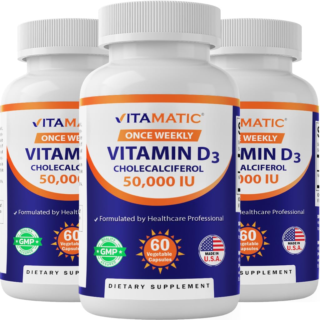 Vitamatic Vitamin D3 50,000 IU Once Weekly, 60 Veg Capsules, Made in USA | Supports Bone, Teeth & Immune Health*, Non GMO, Gluten Free