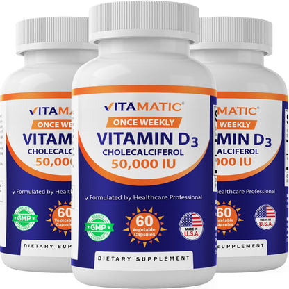 Vitamatic Vitamin D3 50,000 IU Once Weekly, 60 Veg Capsules, Made in USA | Supports Bone, Teeth & Immune Health*, Non GMO, Gluten Free